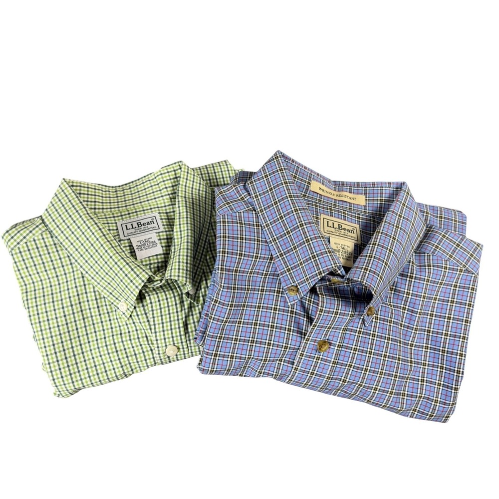 LL Bean Mens 2 Pack Plaid Button Down Shirts Blue Green L Tall Wrinkle Resistant